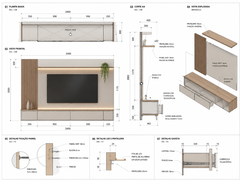 Desenho técnico de projeto executivo com planta baixa, corte, vista frontal, vista explodida e detalhes de fixação, LED e gaveta