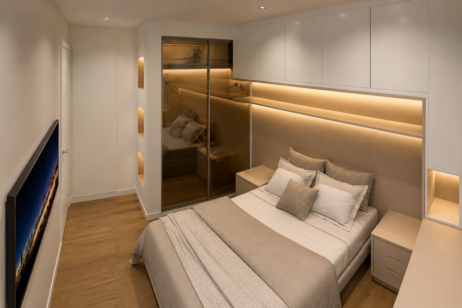Quarto de casal planejado com guarda-roupa de vidro